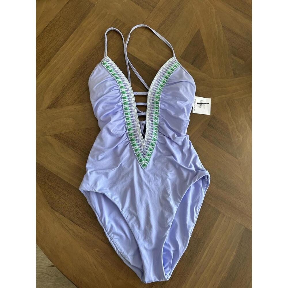 Becca Purple Fiesta Plunge Neck Basket Weave Trim One Piece Swimsuit Size Medium